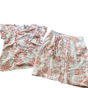 Liz Claiborne Womens Linen Pink White Floral Skirt Short Sleeve Top Size 14/L